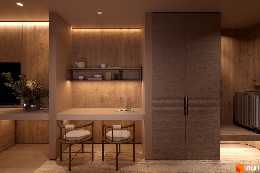 Інтер'єр апартаментів в Апарт-комплекс Forrest Resort & SPA з дерев'яними стіновими панелями, робочим столом, двома стільцями та вбудованою шафою.