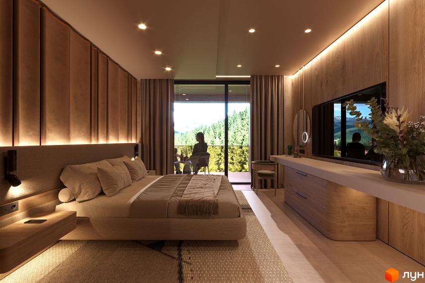 Спальня в Апарт-комплекс Forrest Resort & SPA з великим ліжком, дерев'яними меблями та панорамним видом на ліс і гори.