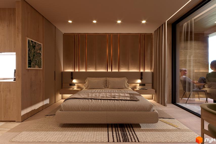 Інтер'єр спальні в Апарт-комплекс Forrest Resort & SPA з великим ліжком, дерев'яними панелями та панорамним склінням на балкон.