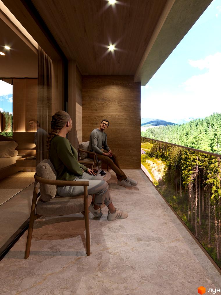 Балкон Апарт-комплексу Forrest Resort & SPA з дерев'яним оздобленням та панорамним видом на густий ліс і гори.