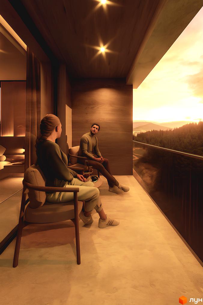 Апарт-комплекс Forrest Resort & SPA пропонує балкон з прозорою огорожею та панорамним видом на ліс і гори під час заходу сонця.