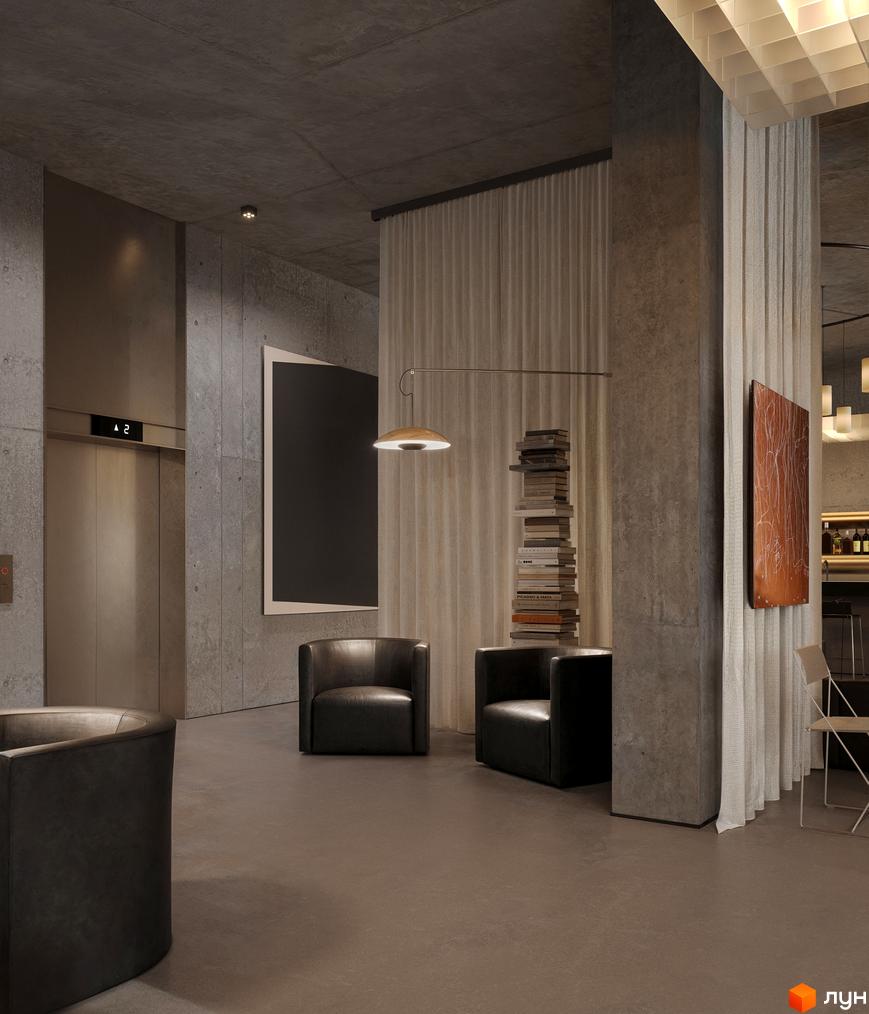 Інтер'єр лобі Circle hotel&apartments з бетонними стінами, ліфтом, м'якими кріслами та книжковою полицею.