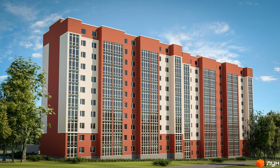 Багатоповерховий будинок ЖК Green Life з червоними та білими фасадами. Навколо будинку зелені дерева та газон.