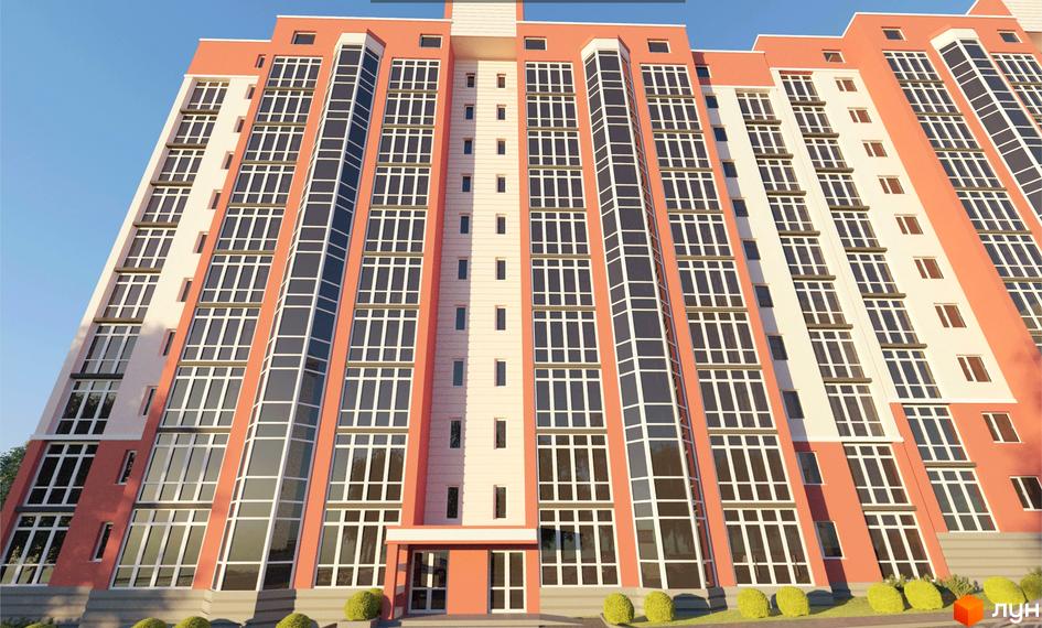 Висотна будівля ЖК Green Life з великою кількістю вікон та балконів. На прибудинковій території розташовані кущі.