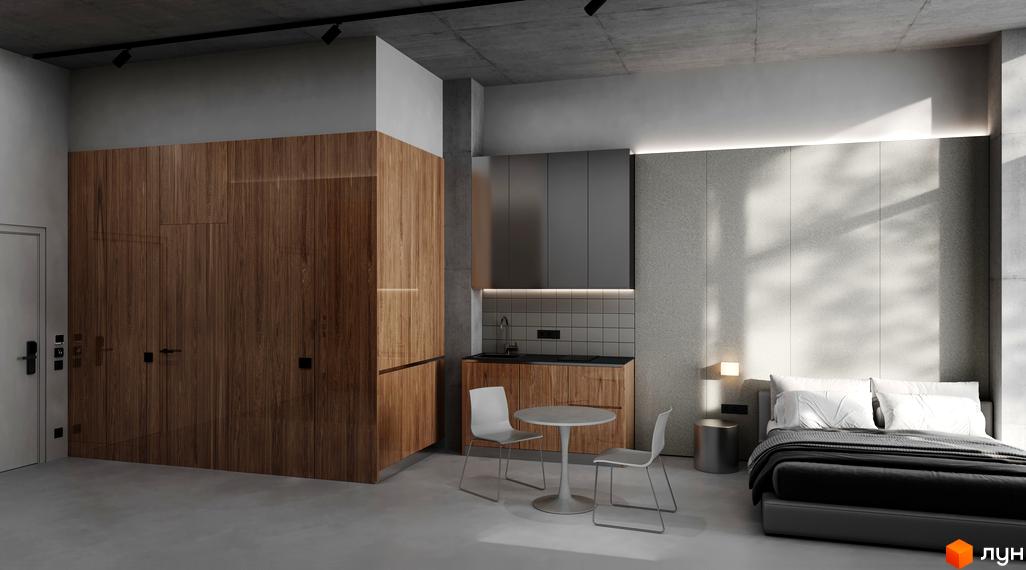 Інтер'єр апартаментів у Circle hotel&apartments з кухнею, спальнею та обідньою зоною. Приміщення має дерев'яні шафи, сірі стіни та бетонну стелю.