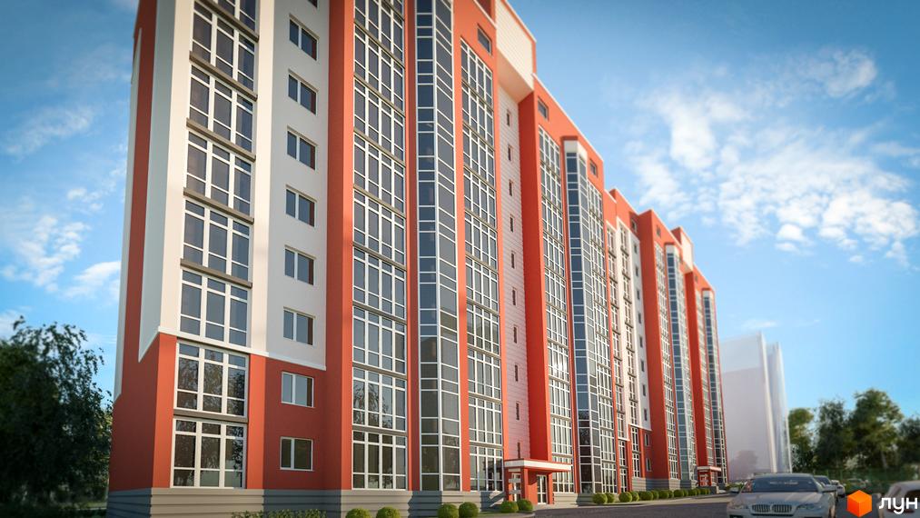 Висотна новобудова з великими вікнами та терасами. На передньому плані дорога з припаркованими автомобілями, навколо зелені насадження.