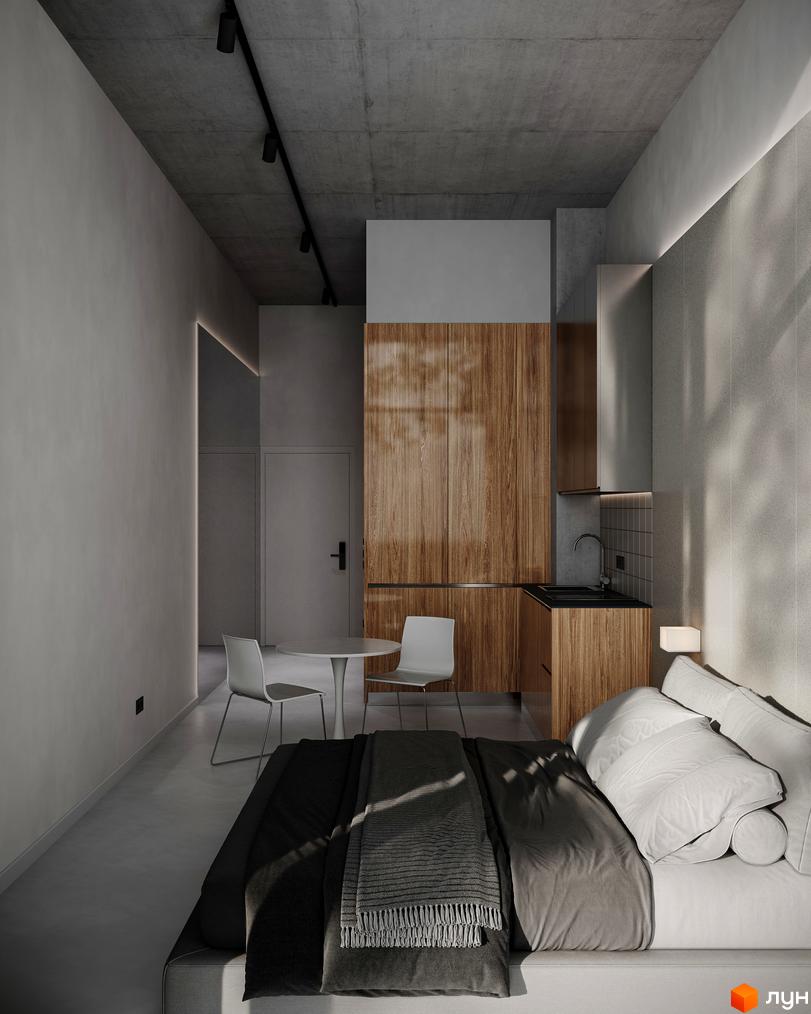 Апартаменти-студія Circle hotel&apartments: функціональний інтер'єр з ліжком, міні-кухнею та обіднім столом. Оздоблення світлими матеріалами та деревом.