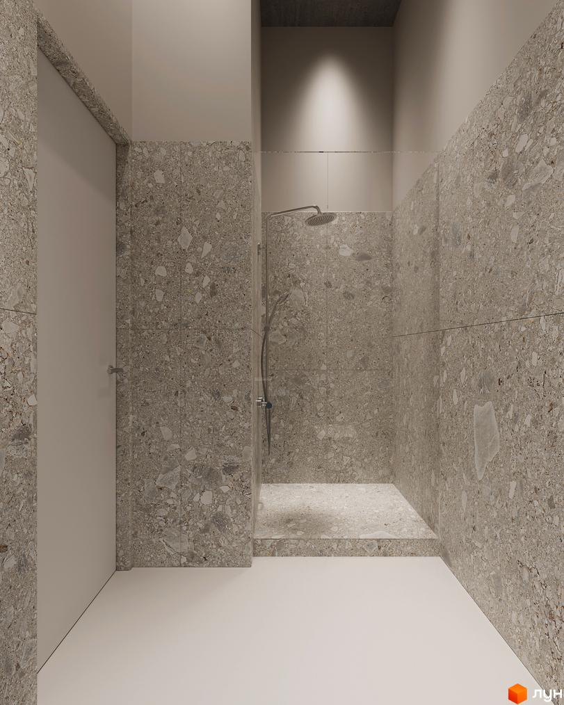 Душова кімната в Circle hotel&apartments з стінами та піддоном, оздобленими плиткою під терацо.