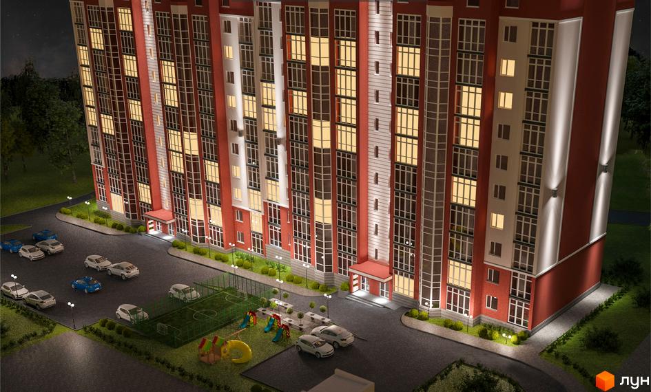 Висотна новобудова ЖК Green Life з червоними фасадами та великими вікнами. На прибудинковій території парковка, дитячий майданчик та зелені насадження.