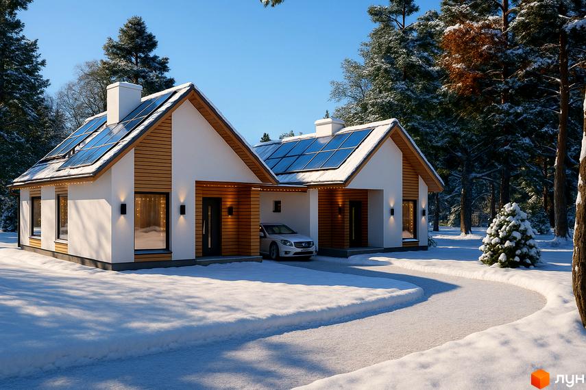 Котеджне містечко Буде Дім. Підберізці. Два будинки з білими фасадами, дерев'яними вставками, сонячними панелями. Засніжена територія з доріжкою і хвойними деревами.