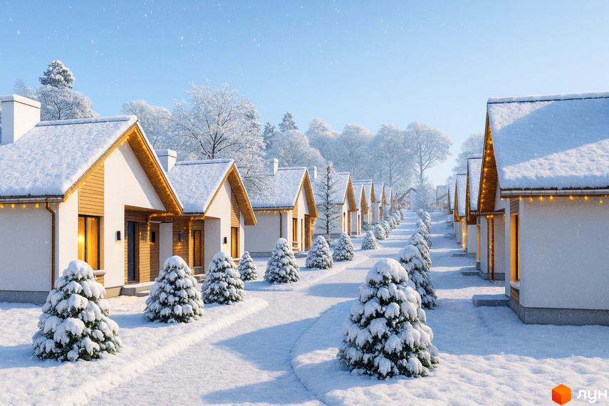 Ряд білих будинків Котеджного містечка Буде Дім. Підберізці зі снігом на дахах та гірляндами. Територія зі сніговими доріжками та ялинками.