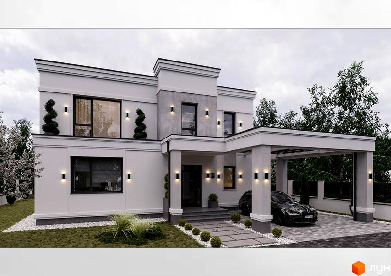 Двоповерховий будинок Котеджного містечка Затишна Солонка з світлим фасадом, темними вікнами та навісом для авто. Прибудинкова територія з газоном, гравієм та декоративними рослинами.