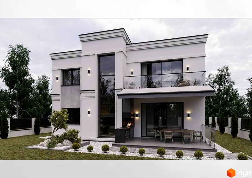 Котеджне містечко Затишна Солонка. Білий двоповерховий будинок з великими вікнами, балконом та терасою. Прилегла територія з газоном, декоративними рослинами та зоною відпочинку.