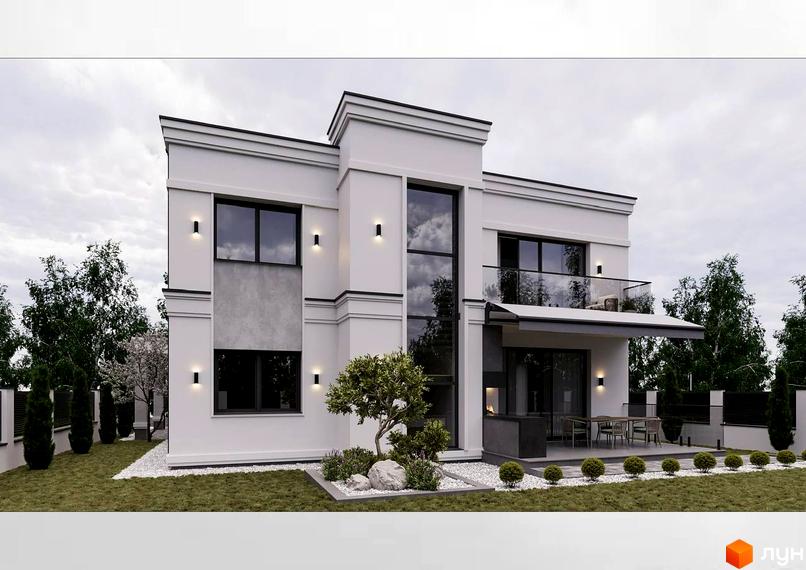 Двоповерховий будинок Котеджного містечка Затишна Солонка з білим фасадом, великими вікнами та балконом. Навколо зелений газон, декоративні кущі та вуличні ліхтарі.