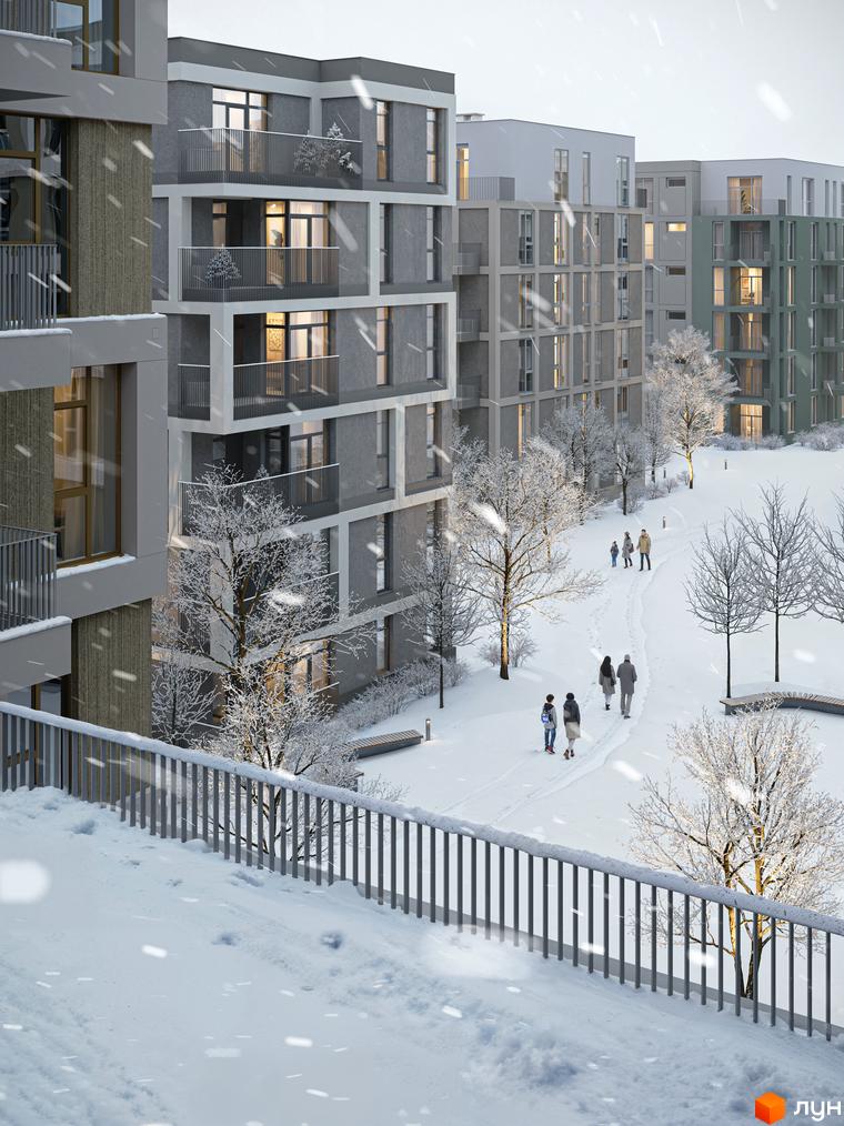 Багатоповерхові будинки Житлового комплексу Avalon Magnolia з сірими фасадами та балконами. Зимовий пейзаж із засніженими деревами та пішохідними доріжками.