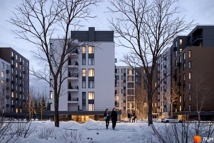 Житловий комплекс Avalon Holiday One: багатоповерхові будинки білого та коричневого кольорів, засніжена територія з деревами та людьми.