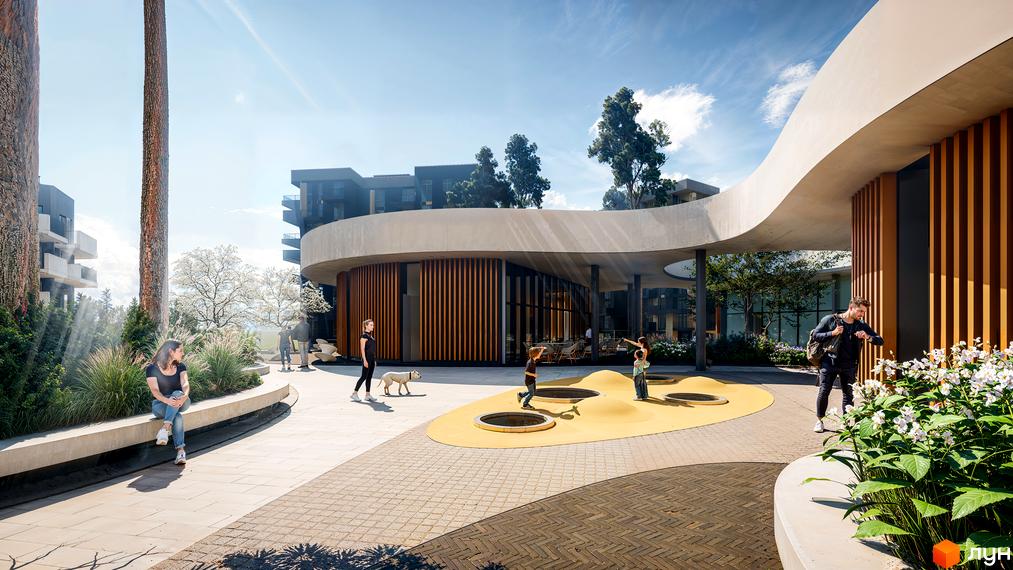 Житловий комплекс Gravity Park має будинки з темними фасадами та вигнуту будівлю з дерев'яними панелями. Прибудинкова територія облаштована зеленими насадженнями, доріжками та дитячим майданчиком.