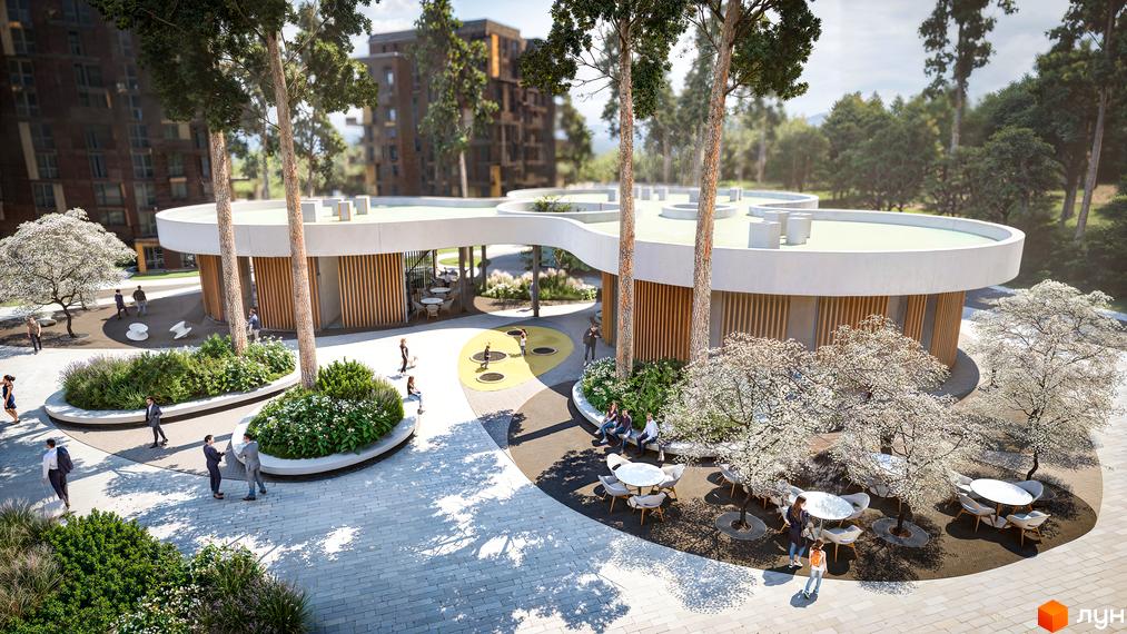 Житловий комплекс Gravity Park: багатоповерхові будинки та біла будівля з дерев'яними панелями. Прибудинкова територія з зонами відпочинку, дитячим майданчиком та зеленню.