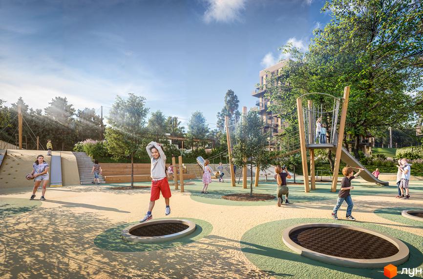 Житловий комплекс Gravity Park: багатоповерховий будинок та просторий дитячий майданчик з батутами, гірками та дітьми, що граються.