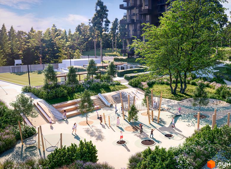 Житловий комплекс Gravity Park: багатоповерховий будинок темного кольору, великий дитячий майданчик, спортивне поле та зелені зони.
