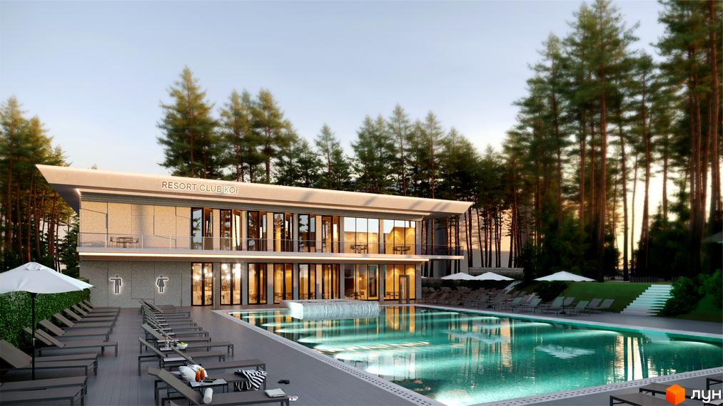 Житловий комплекс Gravity Park: клубна будівля 'RESORT CLUB KOI' з великими скляними вікнами, басейном та зоною відпочинку серед сосен.