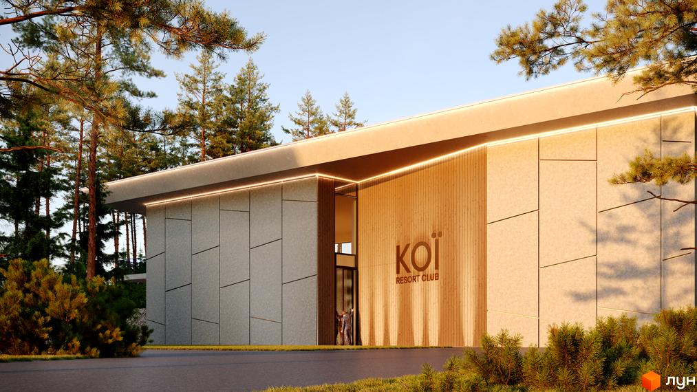 Фасад будівлі Житлового комплексу Gravity Park облицьований світлими панелями та деревом, з лінійним підсвічуванням. Територія оточена соснами та кущами.