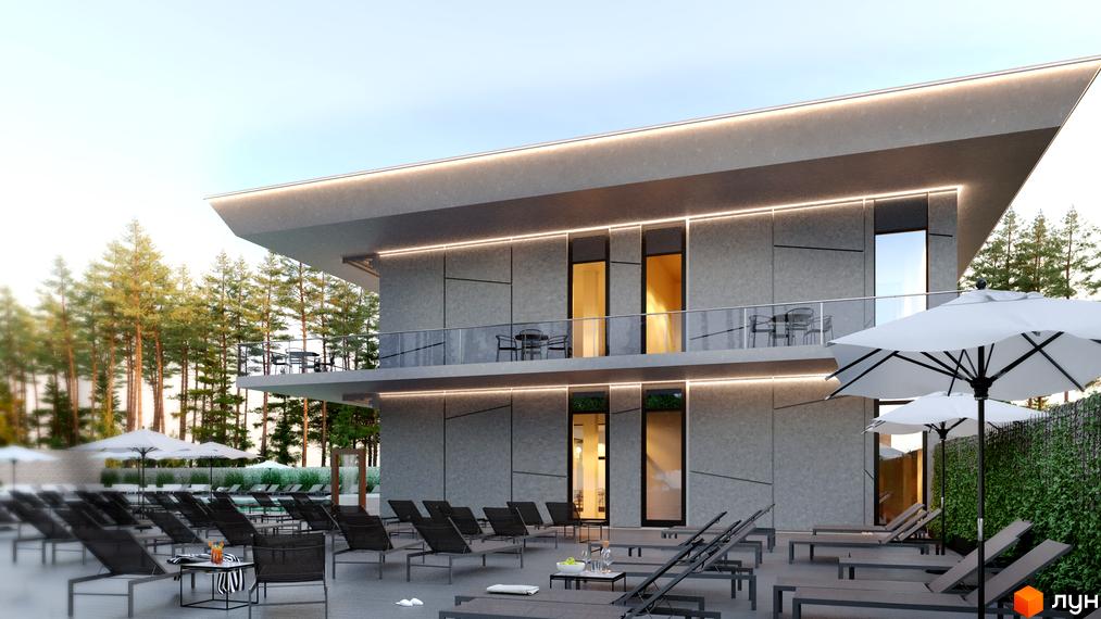 Двоповерхова будівля Житлового комплексу Gravity Park з сірим фасадом та горизонтальним підсвічуванням. Прилегла територія облаштована шезлонгами, парасольками та басейном серед сосен.