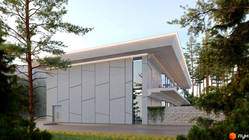 Новобудова Gravity Park має фасад з геометричних панелей, великі вікна та балкони. Територія оточена високими соснами та зеленою травою.