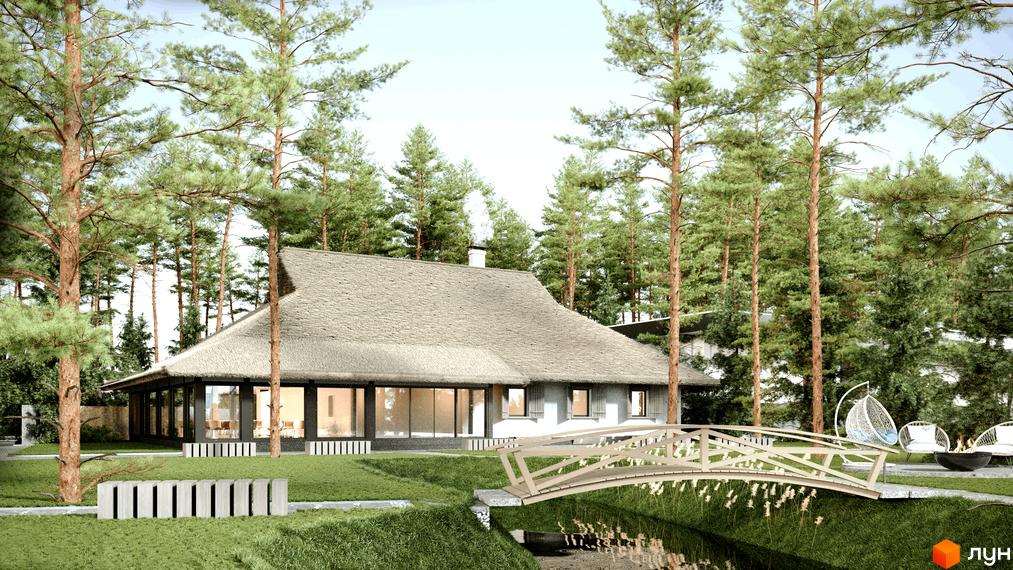 Житловий комплекс Gravity Park: Будинок з солом'яним дахом, великими вікнами, оточений соснами. На території є місток через струмок та зона відпочинку.