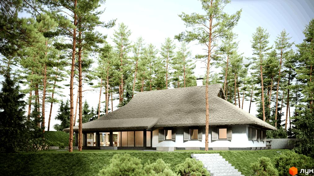 На зображенні будинок Житлового комплексу Gravity Park з білими стінами, солом'яним дахом та панорамними вікнами серед соснового лісу.