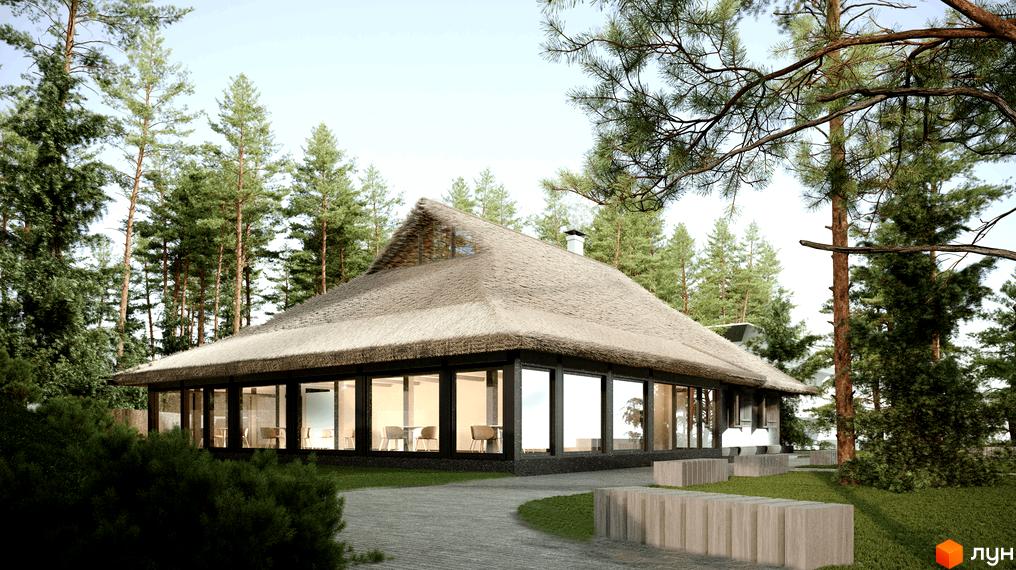 Житловий комплекс Gravity Park: будівля з солом'яним дахом та панорамними вікнами, оточена високими соснами та зеленим газоном.