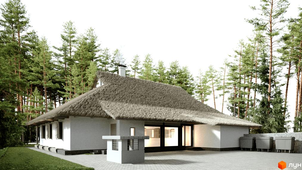 Білий будинок з великим солом'яним дахом, панорамними вікнами та вимощеною територією. Навколо високі сосни Житлового комплексу Gravity Park.