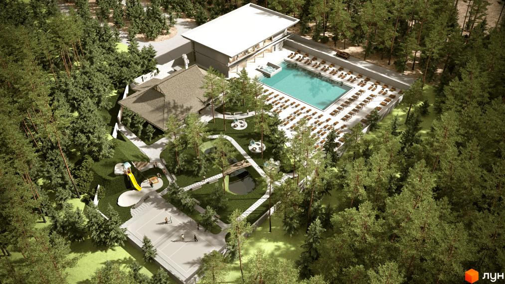 Аерофотознімок Житлового комплексу Gravity Park: будівлі, великий басейн з лежаками, дитячий майданчик, тенісний корт та зелена зона з доріжками.