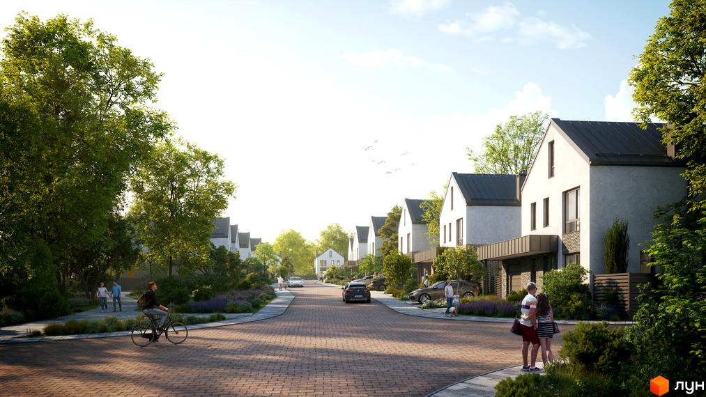 Котеджне містечко NARVILLE: білі двоповерхові будинки з темними дахами вздовж брукованої вулиці. Територія озеленена деревами та кущами.