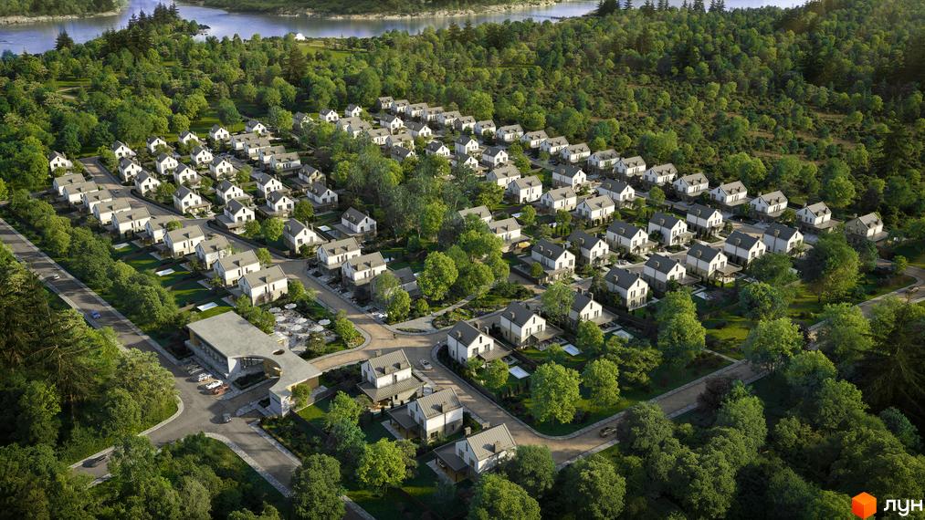 Котеджне містечко NARVILLE: світлі будинки з темними дахами, що розташовані вздовж доріг серед густих зелених насаджень та біля водойми.