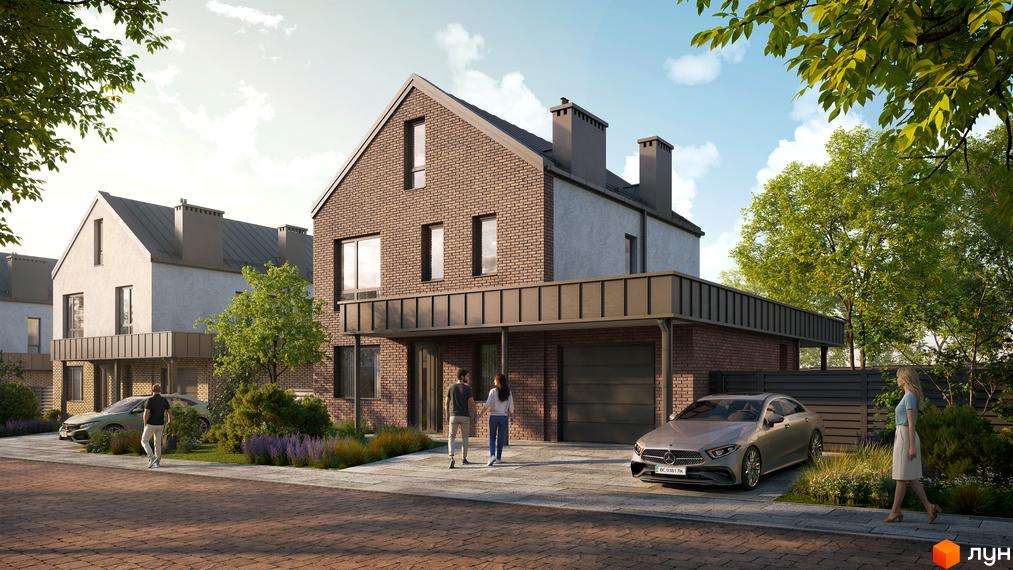 Котеджне містечко NARVILLE. Двоповерховий будинок з цегляним низом, світлим верхом та темним дахом, поруч доріжки та зелені насадження.