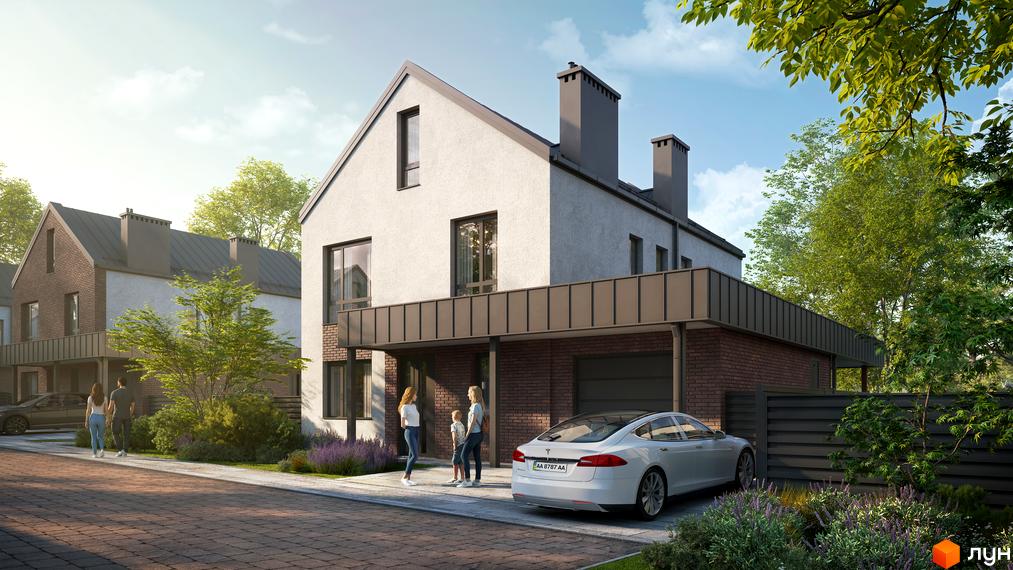 Котеджне містечко NARVILLE: будинок зі світлим фасадом, темним дахом та цегляною основою. На подвір'ї білий автомобіль та зелені насадження.