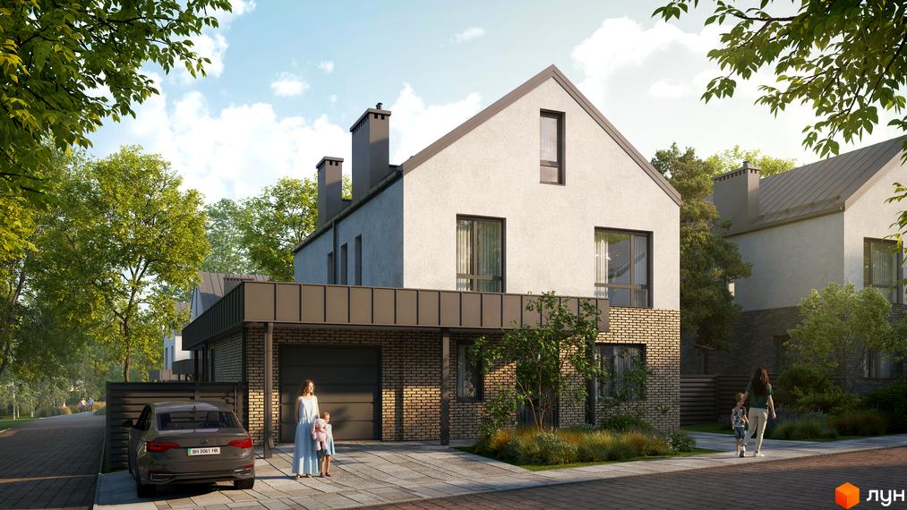 Котеджне містечко NARVILLE: будинок з білим фасадом, цегляним оздобленням та темним дахом, оточений зеленими насадженнями та доріжками.