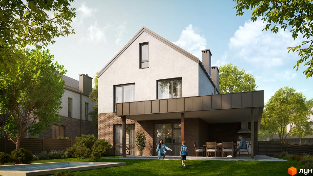 Котеджне містечко NARVILLE: двоповерховий будинок з білим фасадом та цегляним цоколем, зелений газон, басейн та дерева.