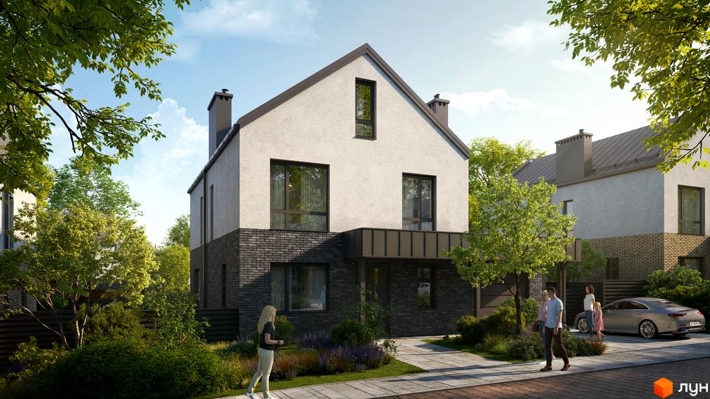 Котеджне містечко NARVILLE: Двоповерховий будинок з білим верхнім фасадом та темно-сірою цегляною основою, оточений зеленою прибудинковою територією.