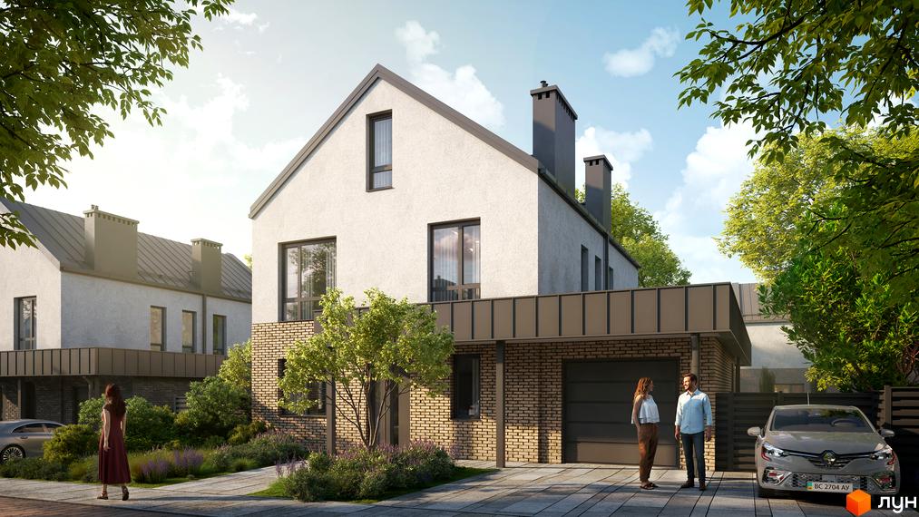 Котеджне містечко NARVILLE з білими фасадами, цегляною обробкою та темним дахом. Навколо будинків доглянутий ландшафтний дизайн, зелені насадження та бруківка.