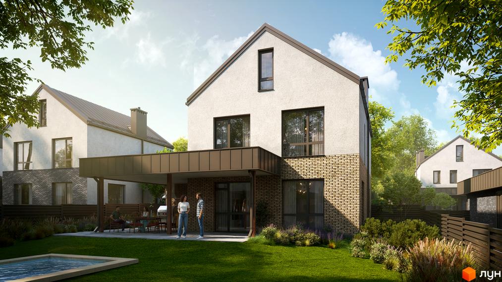 Котеджне містечко NARVILLE: Двоповерховий будинок з білим фасадом, цегляною основою та темним дахом. На подвір'ї зелений газон, тераса та басейн.