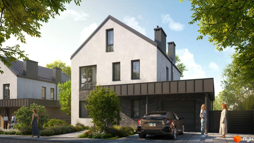 Котеджне містечко NARVILLE: білий будинок з темним дахом та цегляним цоколем, поруч зелені насадження та автомобіль.