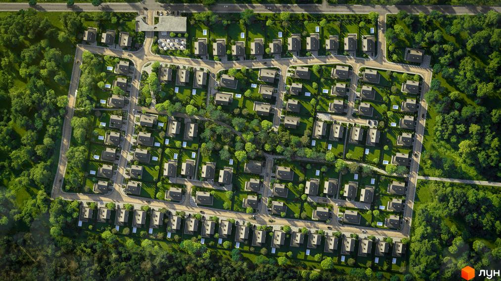 Аерофотознімок Котеджного містечка NARVILLE з однотипними будинками та зеленими газонами. Територія забудови оточена лісом, з дорогами та зонами відпочинку.