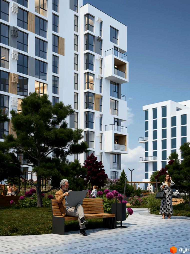 Білі багатоповерхові будинки Житлового комплексу ЯРОВИЦЯ з темними вікнами та балконами. На прибудинковій території зелені дерева, квітучі кущі та люди на лавках.