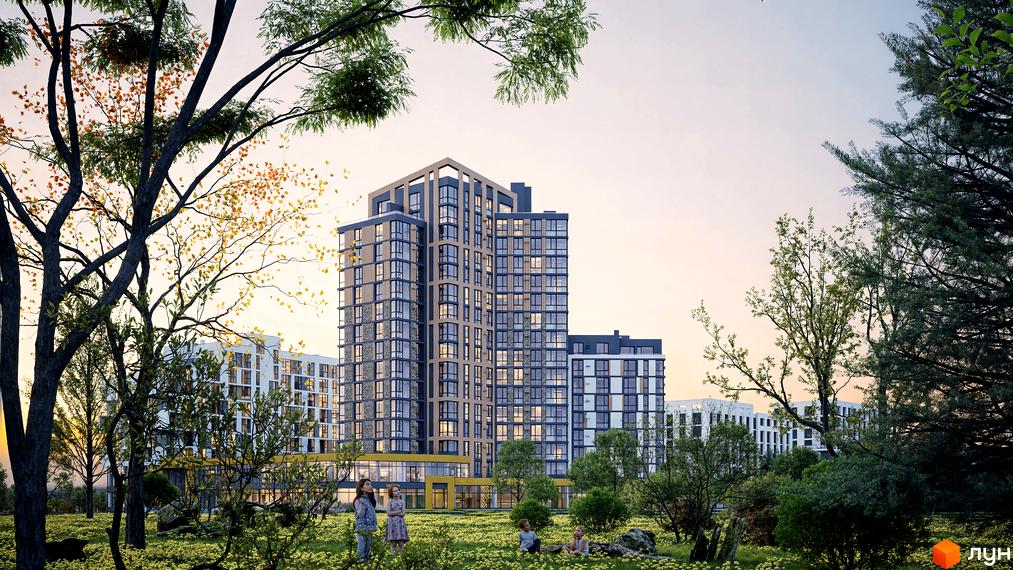 Житловий комплекс ЯРОВИЦЯ має багатоповерхові будинки з сірими та світло-коричневими фасадами. Прибудинкова територія озеленена з деревами та дітьми, що граються на траві.