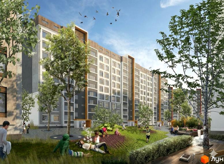 Житловий комплекс Казка: багатоповерхові будинки з сіро-білими фасадами та дерев'яними акцентами, оточені зеленим двором з деревами та дітьми.