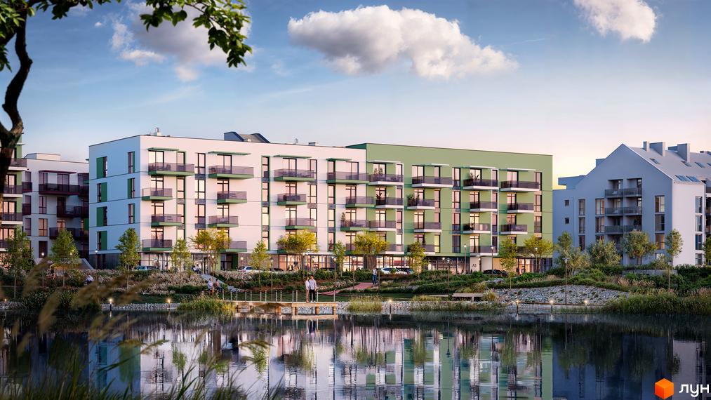 Житловий комплекс VERO складається з багатоповерхових будинків білого, зеленого та сірого кольорів з балконами. Перед будинками розташоване озеро з пірсом та зелена зона відпочинку.