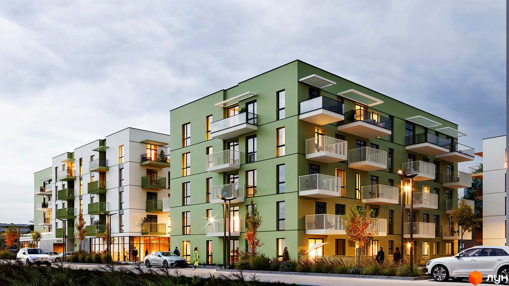 Житловий комплекс VERO: фасади світло-зелених та білих будинків з балконами, освітлена прибудинкова територія з деревами та автомобілями.