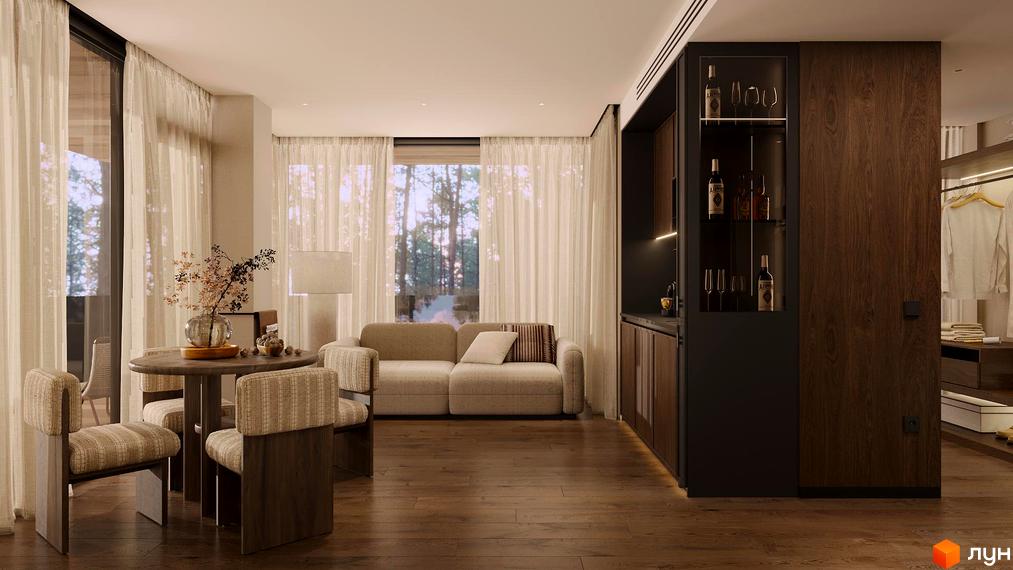 Інтер'єр вітальні в Son Daven з дерев'яною підлогою, обіднім столом, диваном та вбудованими меблями. Великі вікна виходять на ліс.